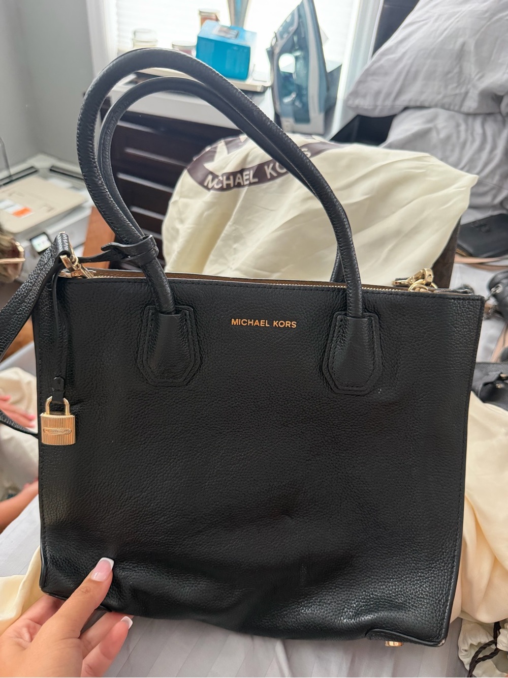 Michael Kors Black Pebbled Leather Satchel with Gold Hardware